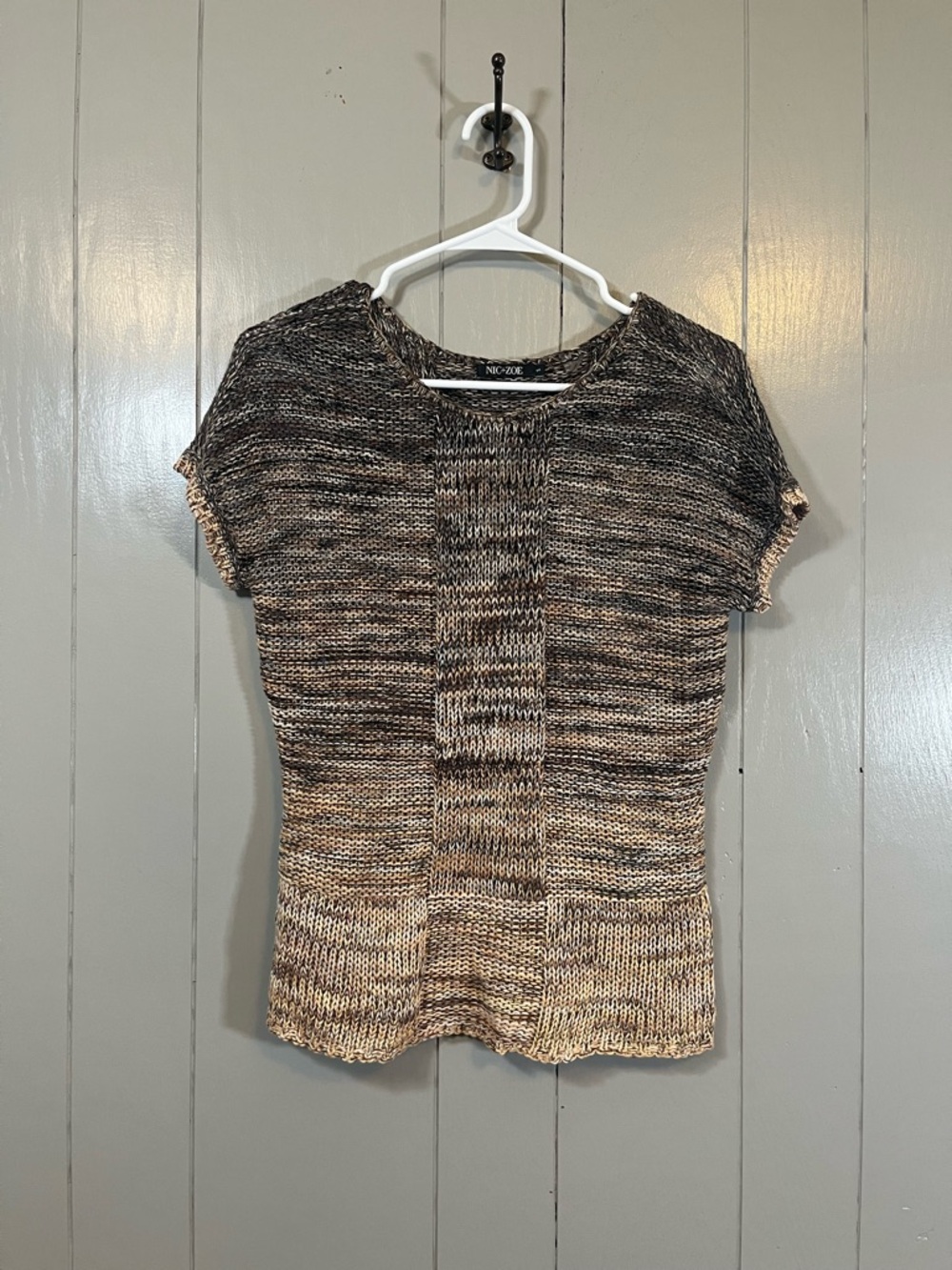 NIC+ZOE Y2K Women S Multicolor Knit Crochet Linen Rayon Short Sleeve Top